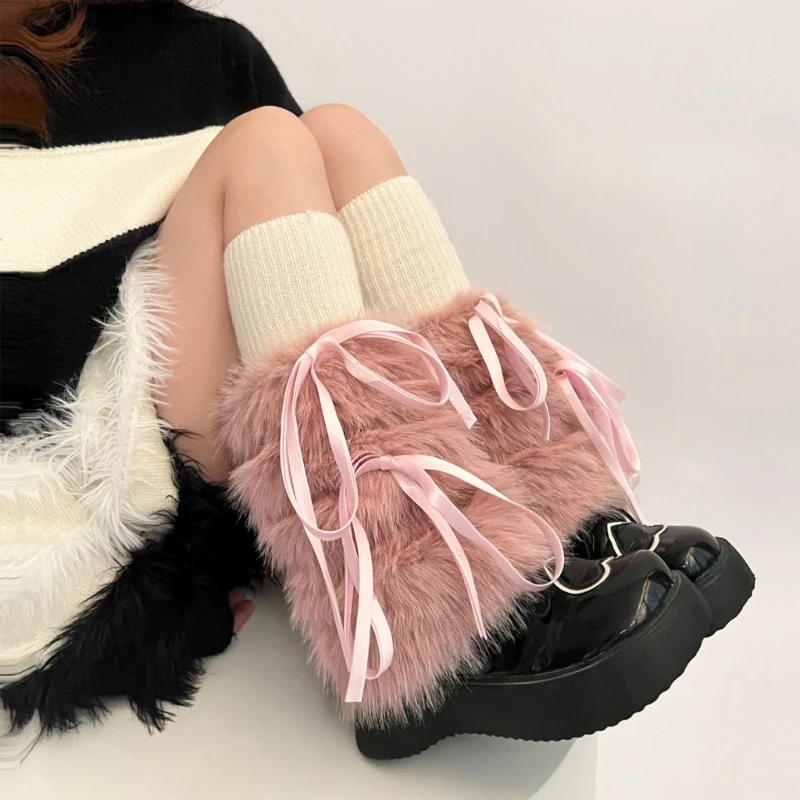 Фото JK Girls Boot Cuffs гетры женские зимние теплые Harajuku милая лента с бантом пушистый плюшевый мех белые длинные носки №4