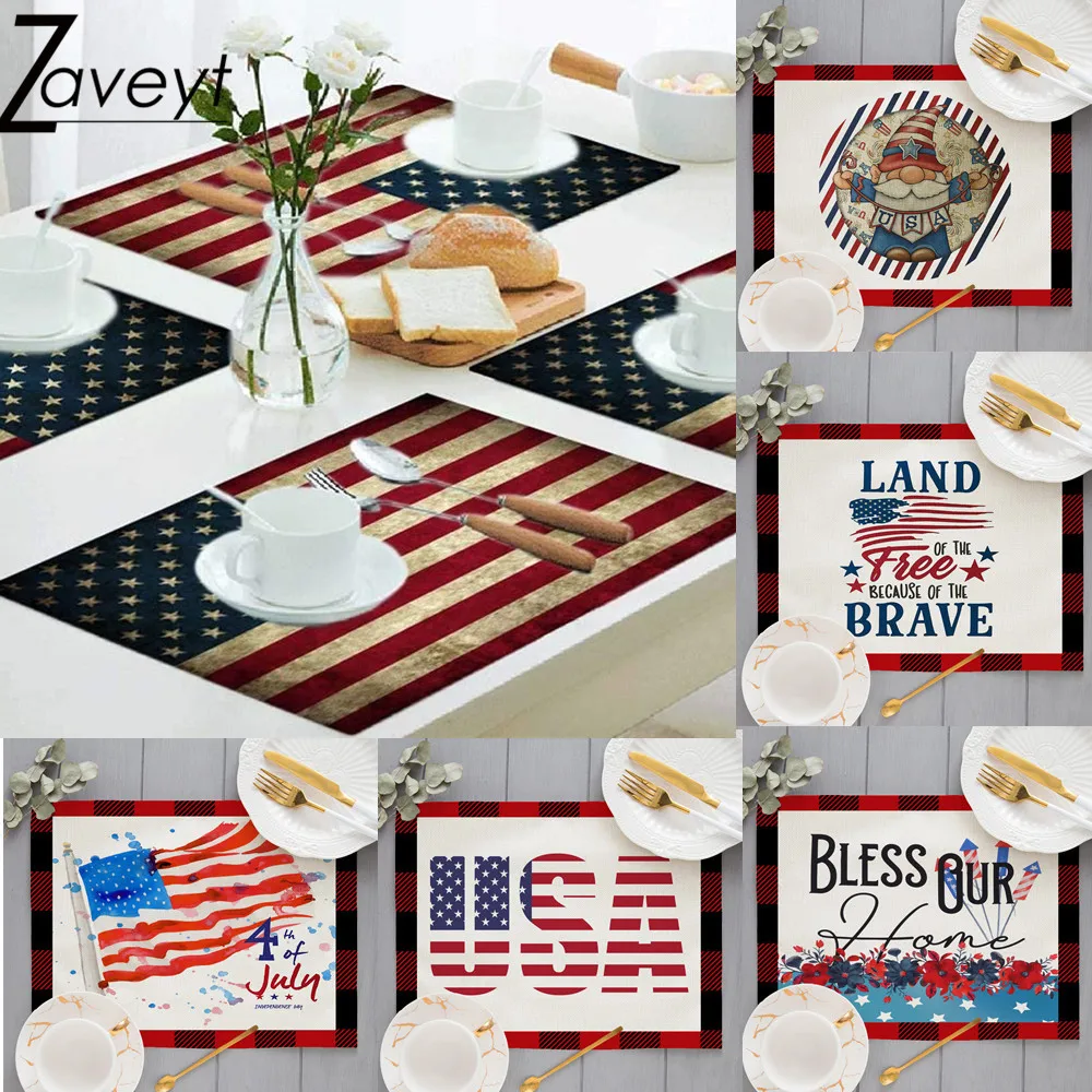 

USA Flag Placemat Vintage Place Mats Non-Slip Heat-Resistant Linen Table Mats Drink Coaster American Independence Day Decor