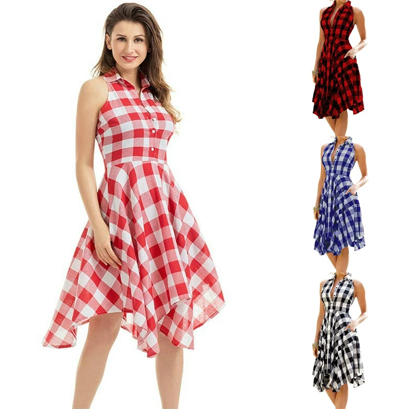 

Женское летнее платье в клетку без рукавов с отложным воротником