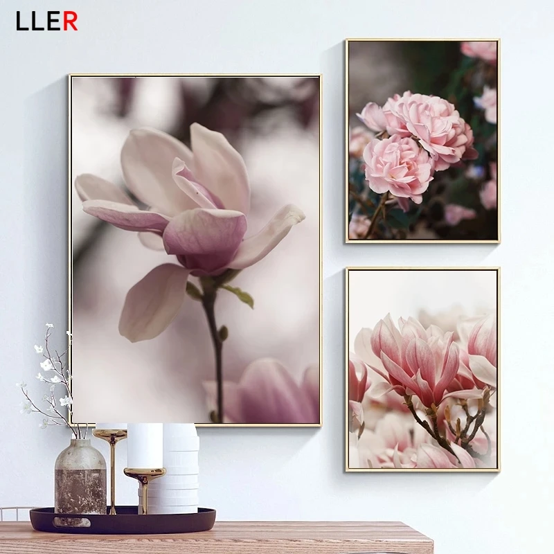 Розовая Роза Пион цветущий персик Магнолия настенная Картина на холсте