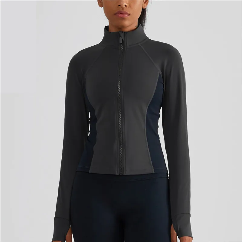 Solid Color Tights High Neck Stitching Fitness Women Sport Jacket Top Comprehensive Training Zipper Long Sleeve Yoga Coat Wear
