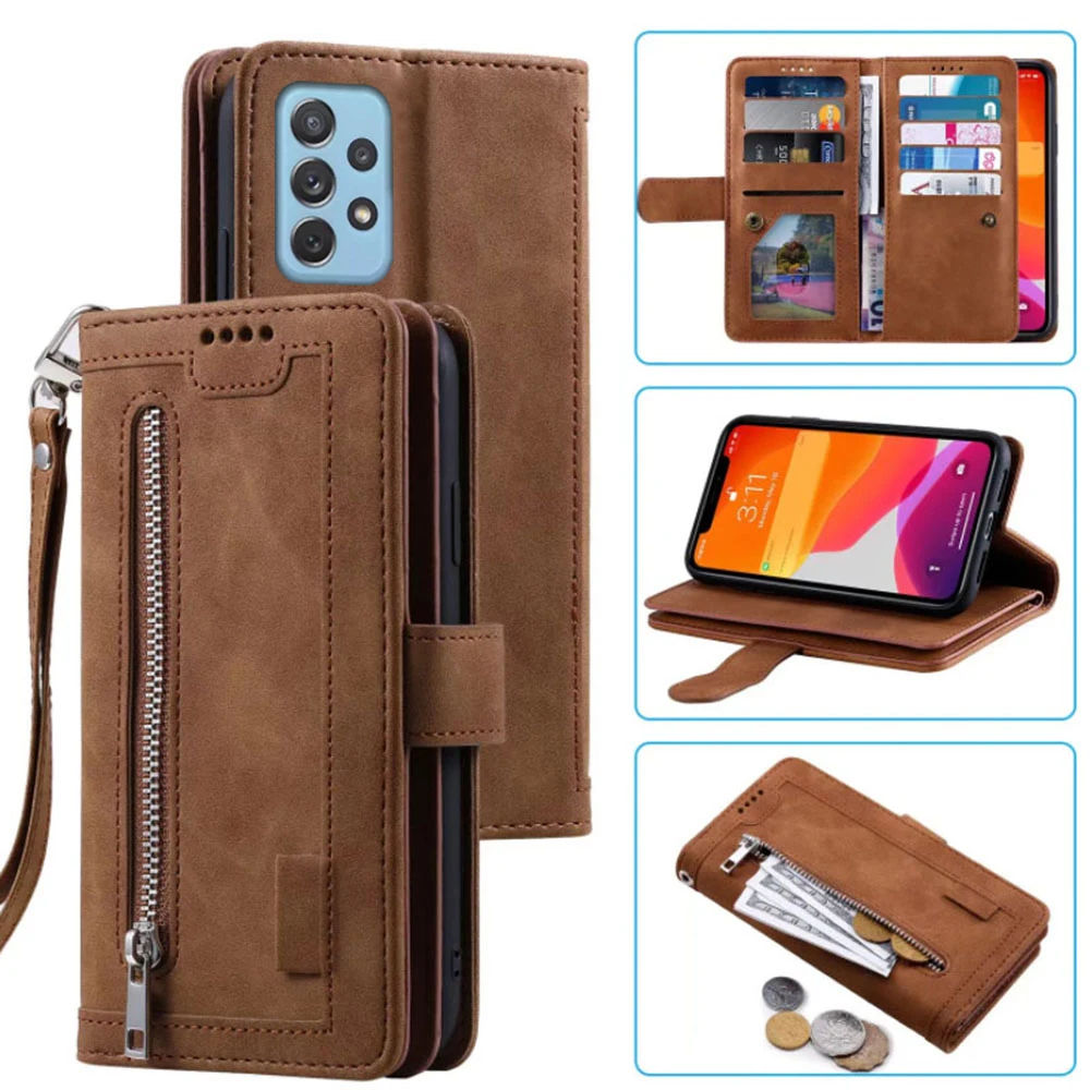 

9 Cards Wallet Case For Samsung Galaxy A72 Case Card Slot Zipper Flip Folio with Wrist Strap Carnival For Samsung A72 5G Cover
