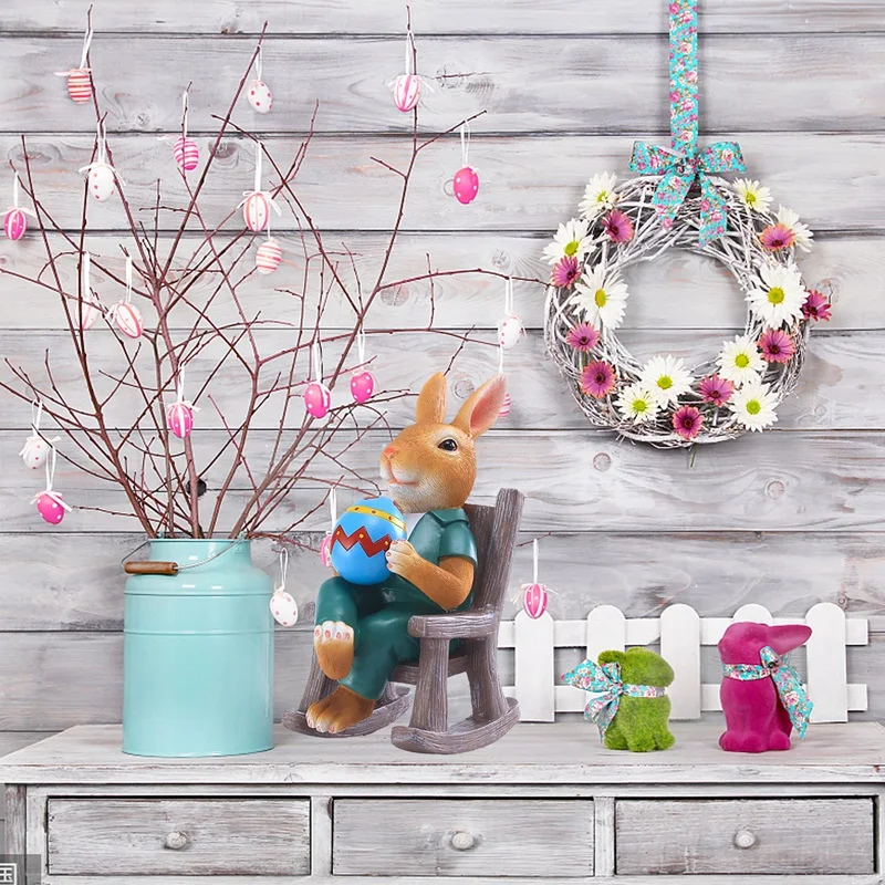 

Easter Bunny Statue Resin Figurine Handmade Rabbit With Egg In Rocking Chair Figurine Ornaments For Garden Home Decor