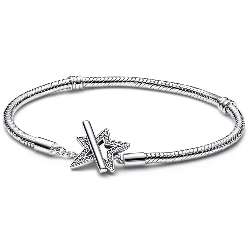 

Authentic 925 Sterling Silver Moments Asymmetric Star T-bar Snake Chain Bracelet Bangle Fit Bead Charm Diy Fashion Jewelry