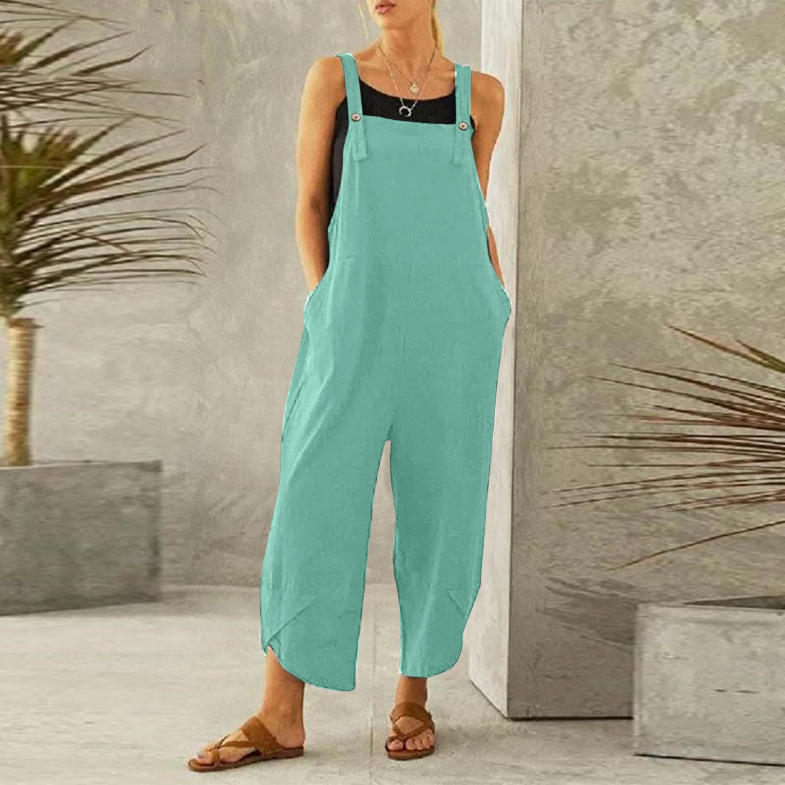 Women Shoulder Strap Pockets Romper 