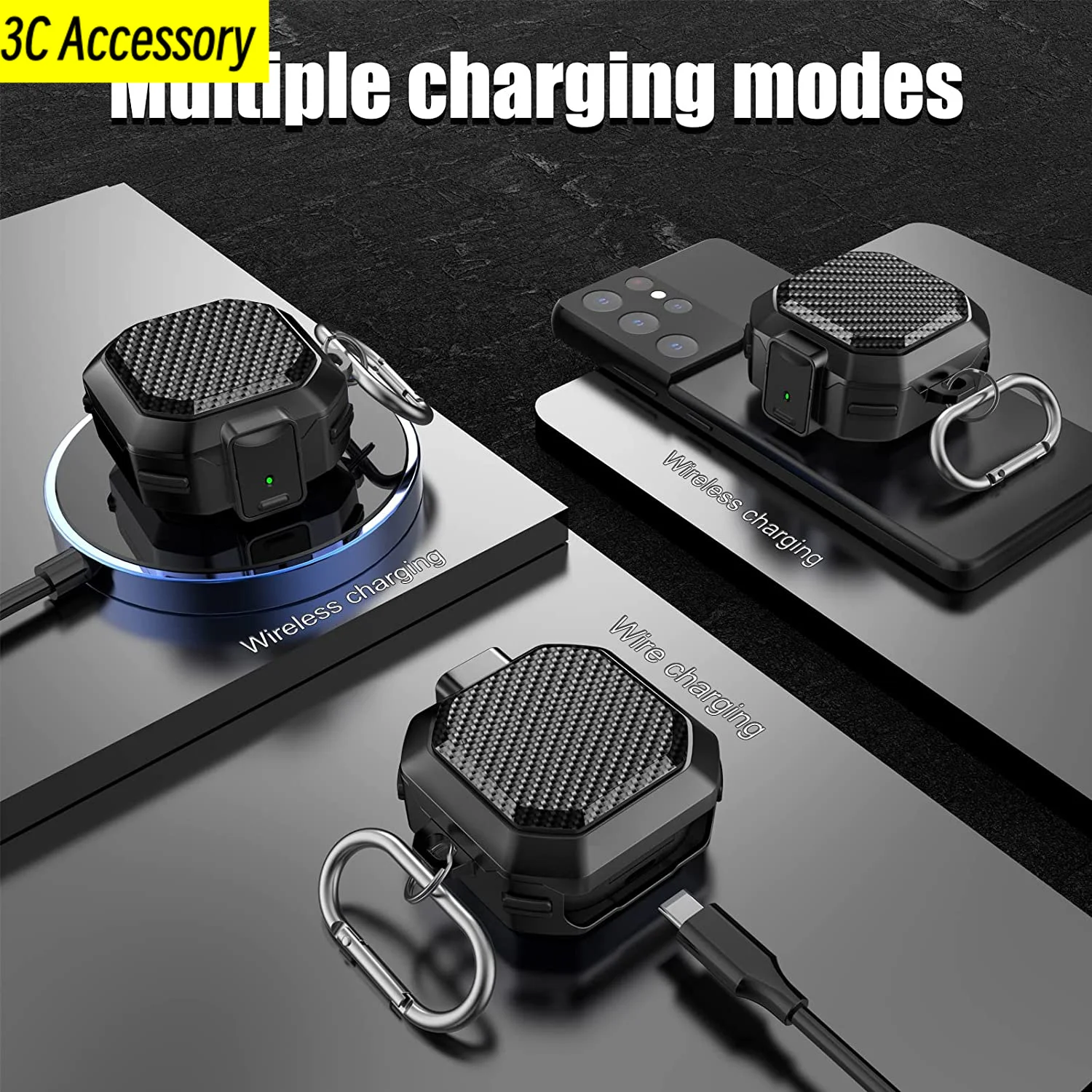 

for Samsung Galaxy Buds2 Pro /Buds Pro Case/Buds 2 Case/Buds Live Case with Lock Carbon Fiber Shockproof Cover With Keychain
