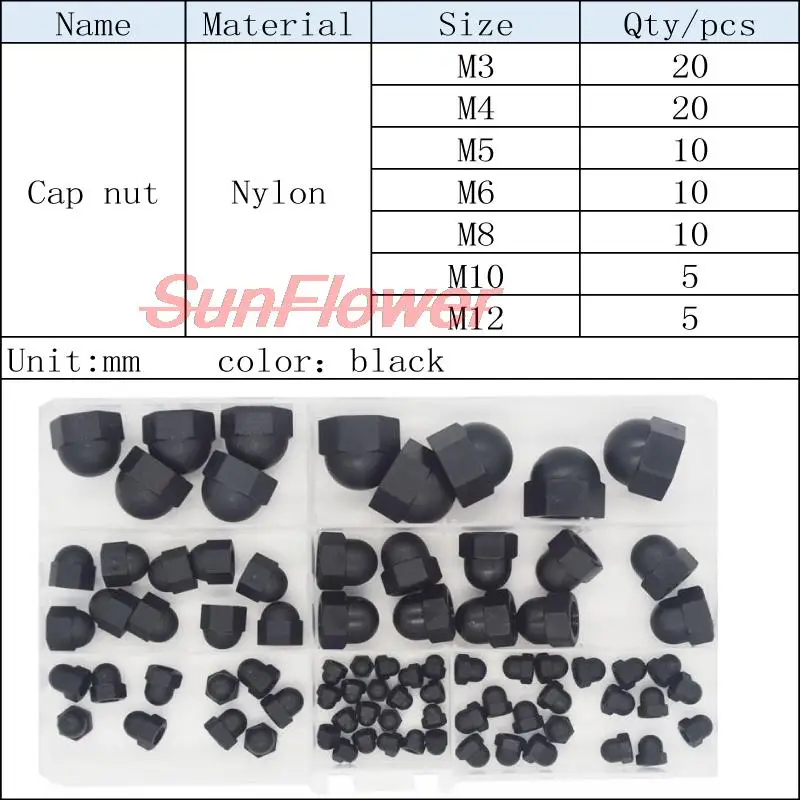 

80pcs/Set Nylon Hexagon Domed Cap Acorn Nuts M3 M4 M5 M6 M8 M10 M12 Ball Head Nut White Black Plastic Round Head Hex Nuts