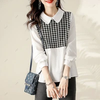 vintage printed houndstooth spliced long sleeve oversized peter pan collar shirt casual pullovers loose commute womens blouse