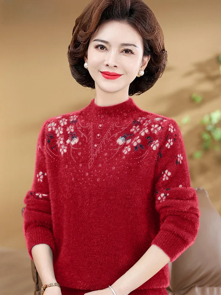 Осенне-зимняя одежда для мам. Норковый бархатный утолщенный свитер. Женская