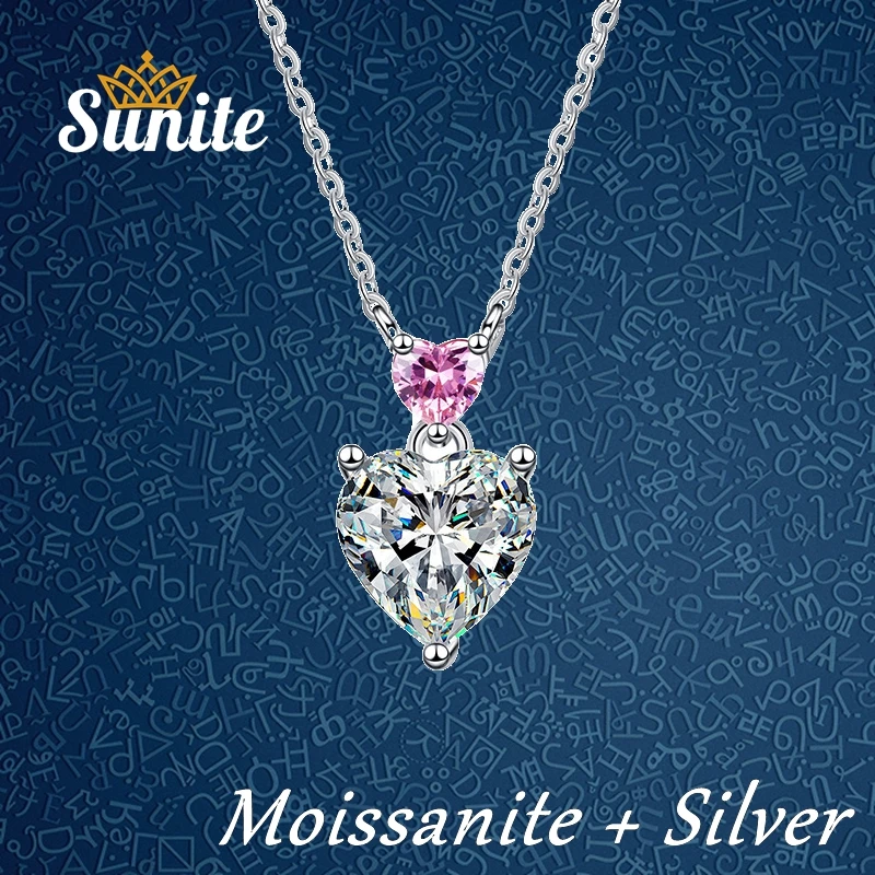 

Sunite 1.0ct Moissanite Diamond Heart To Heart Necklace Pendant For Women Girls 925 Sterling Silver Lover's Gift Fine Jewelry