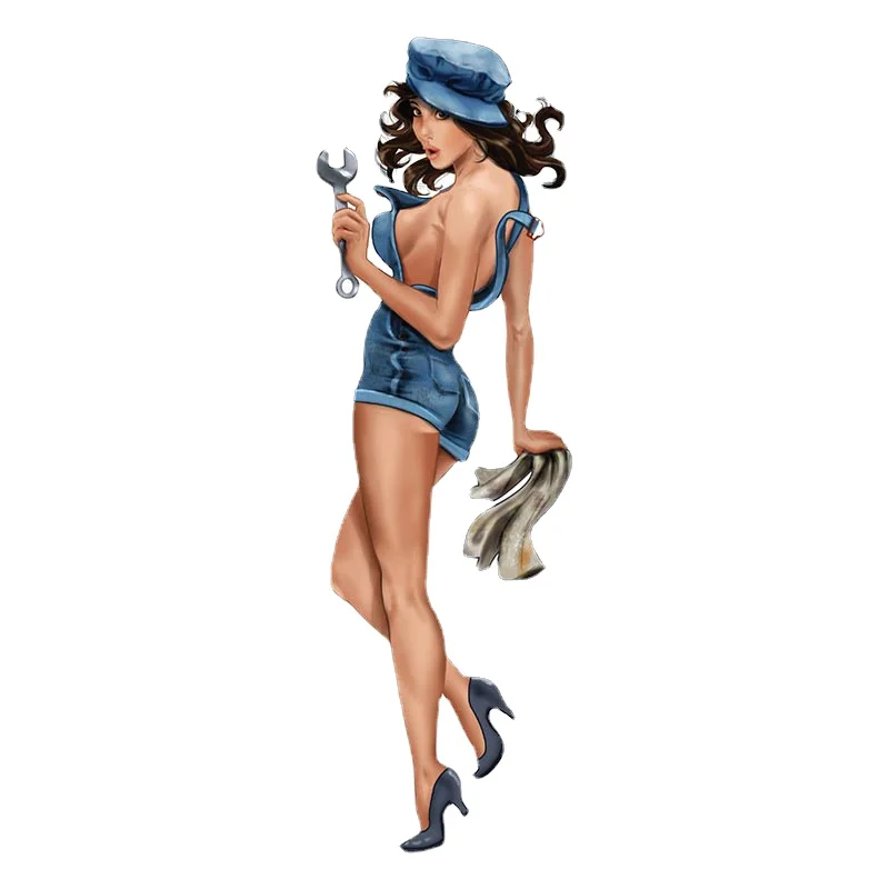 

Etie Mechanic Pin Up Girl Car Sticker Hot Rod Retro Race Flag Decal Cartoon Racer Pinup Girl Motorcycle Stickers Car Wrap