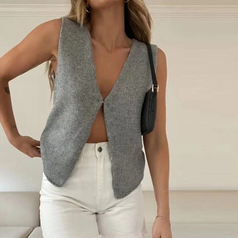 

Короткий вязаный свитер с V-образным вырезом, жилет, женский кардиган на пуговицах, ажурные свитера, однотонные свитера без рукавов для девушек и женщин