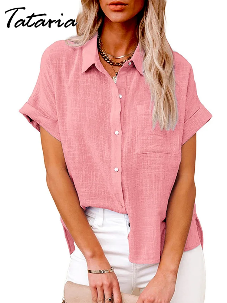 Хлопковая льняная Свободная рубашка Женская однотонная летняя блузка мягкая