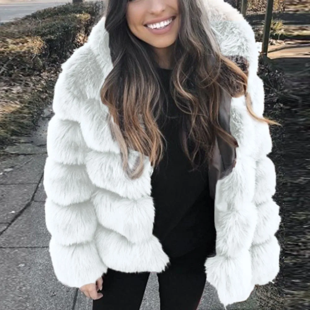 Women's Winter Thickened Imitation  Fur Coat Women's Mid-Length Imitation Fox Fur Jacket Hooded Artificial Fur Faux Fur Coat