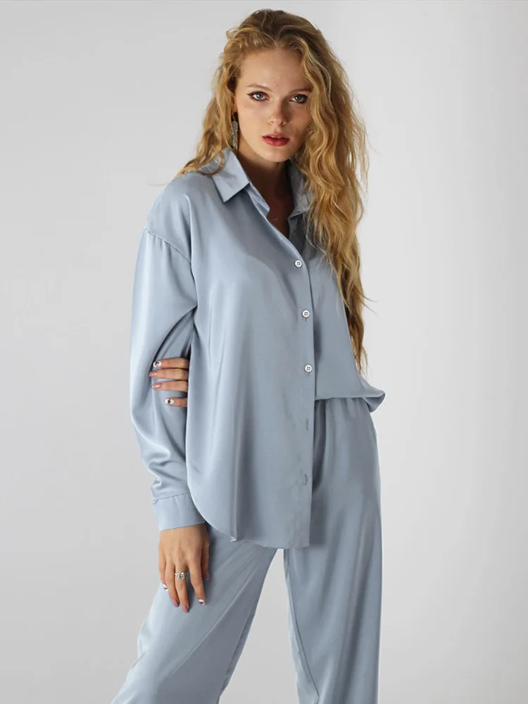 

2023 Blue Long Sleeves Women's Pajamas Solid Color Satin Sleepwear Women Pajama Grey Single-Breasted Home Suit Spring 2023