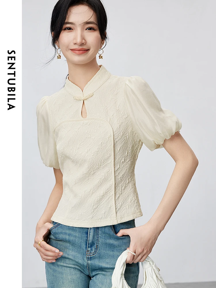 Женская жаккардовая укороченная шифоновая блузка SENTUBILA 142V54973 в китайском стиле