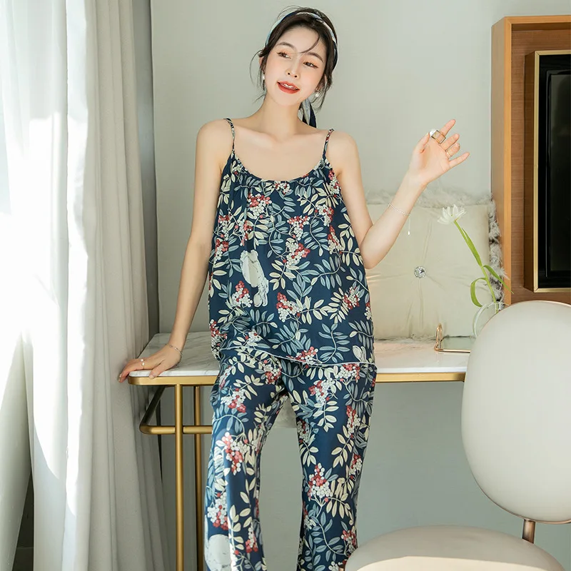 Summer Suspended Pajamas for Women Sexy Women Nightwear Cotton Silk Wide-leg Pants Sleepwear Set Thin Printing Women Pajama Sets
