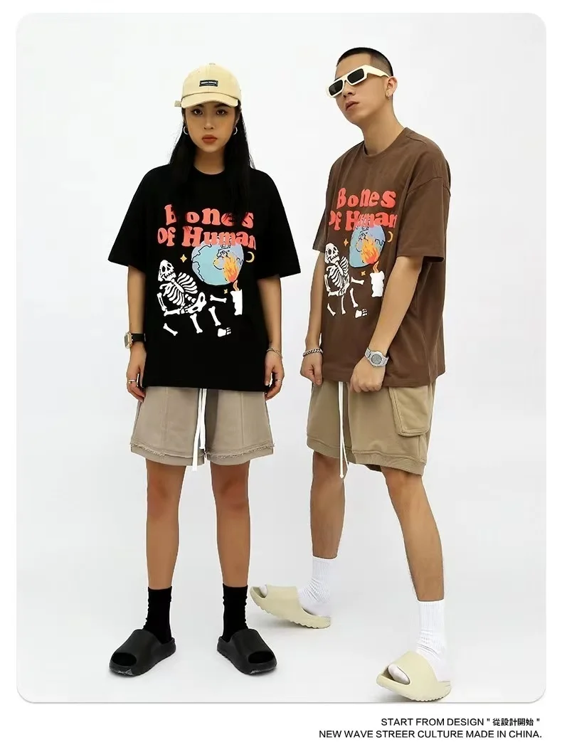 

Graphic Tees T Shirts Men Clothing Large Short Sleeve Cotton Easy Round Neck Human SkeletPrinting Casual Chaopai T Shirt For Men