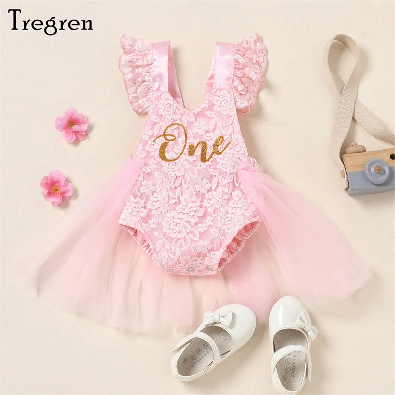 

Tregren 3-24M Cute Infant Baby Romper Dress with Mesh Stitching Letter Print Little Princess Summer Bodysuits Clothing