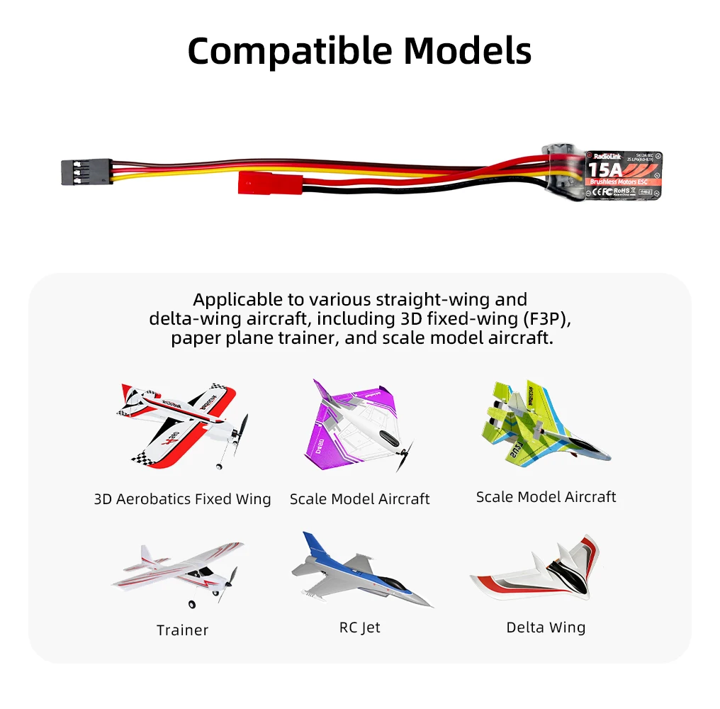 Фото Регулятор скорости Radiolink 15A 2S ESC для бесщеточных двигателей со встроенным BEC 5В/2А для радиоуправляемых самолетов с фиксированным крылом A560 SU27 D460 №4