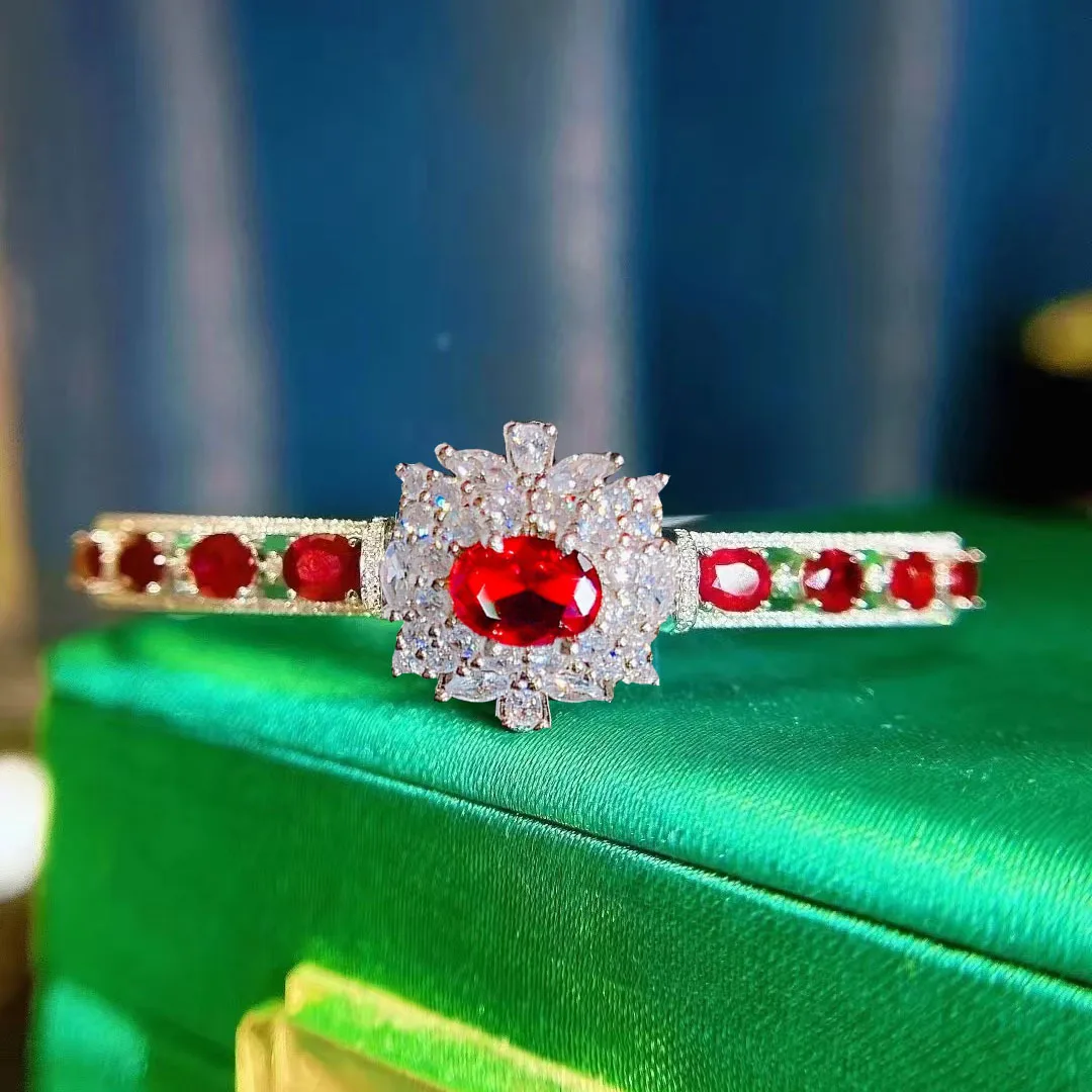 

Exquisite Luxury Flower Design Platinum Plated Ruby Zircon Bracelets Bangles For Women Bracelet Engagement Wedding Jewelry Gifts
