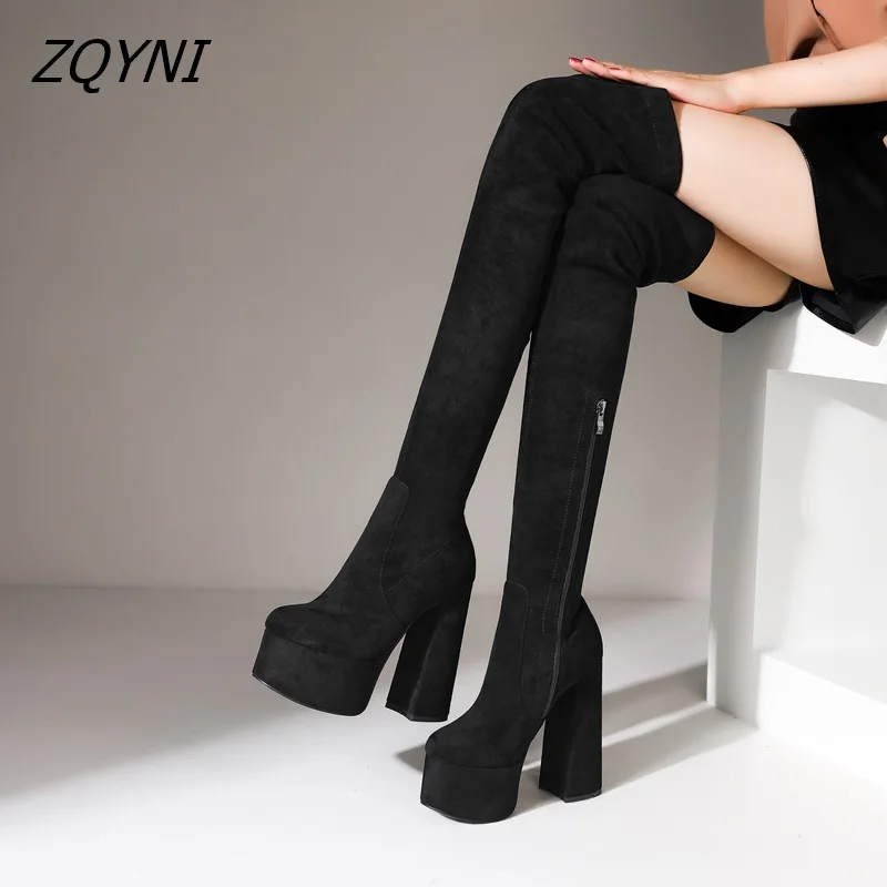 

2022 winter women's elastic thin boots leather velvet high heels thick soled shoes black and apricot sexy high tube thigh boots