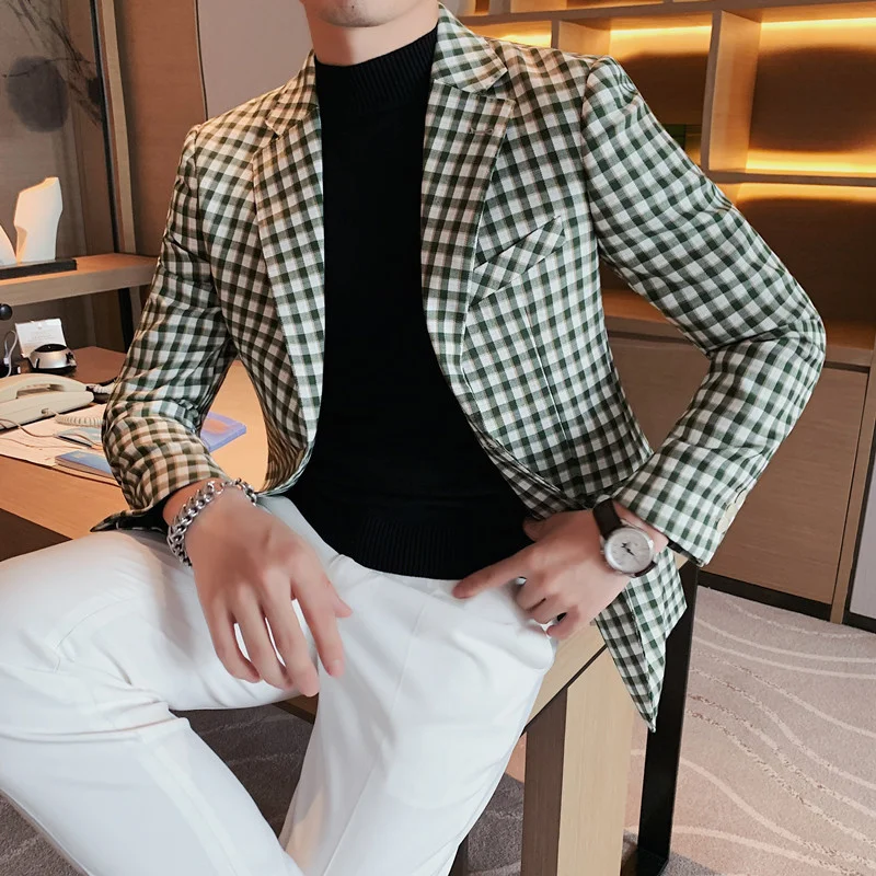 

Men Plaid Blazer 2022 Spring Fashion Contrast Color Grid Pattern Suit Jakect Splicing Slim Casual Male Dress Coat