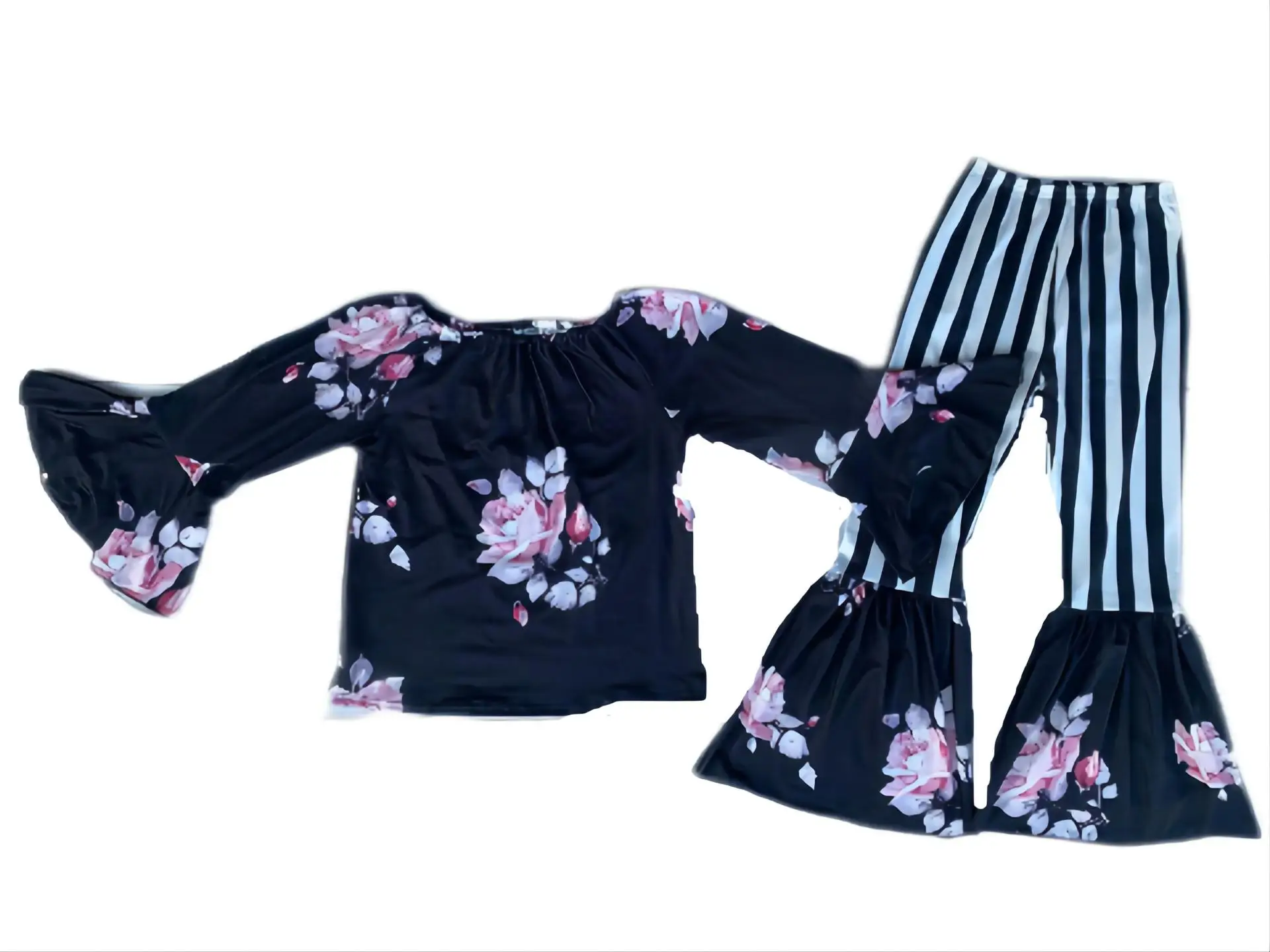 

Baby Girls Clothes Sets Kids Outfits Long Flare Sleeve Flower Printing Top Striped Pants for Toddler Children Suits Boutique