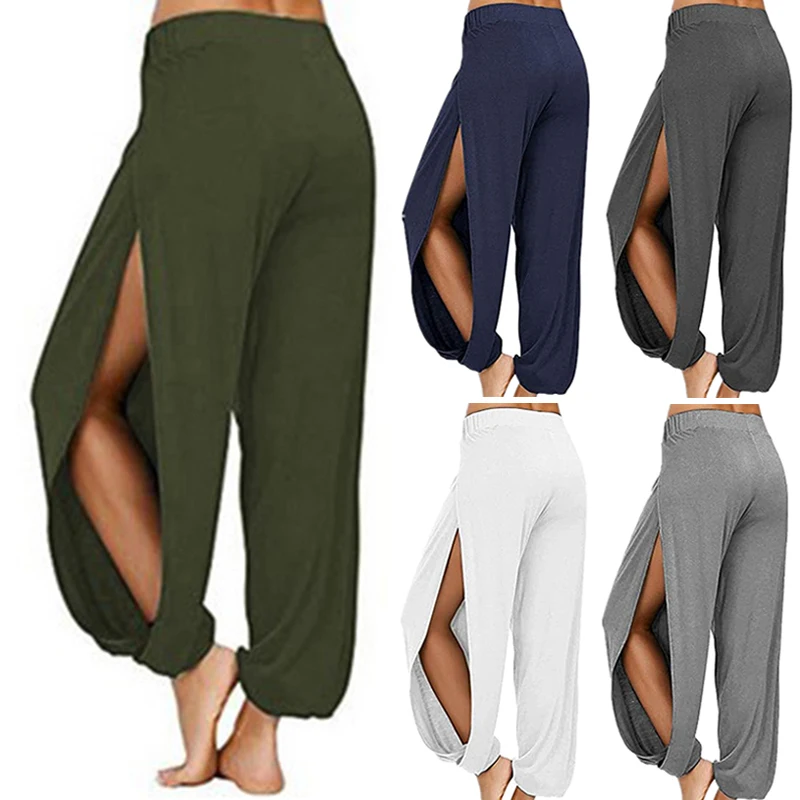 

Women Summer High Slit Harem Pants Wide Leg Solid Trousers Pants Sports Casual Yoga S-3XL