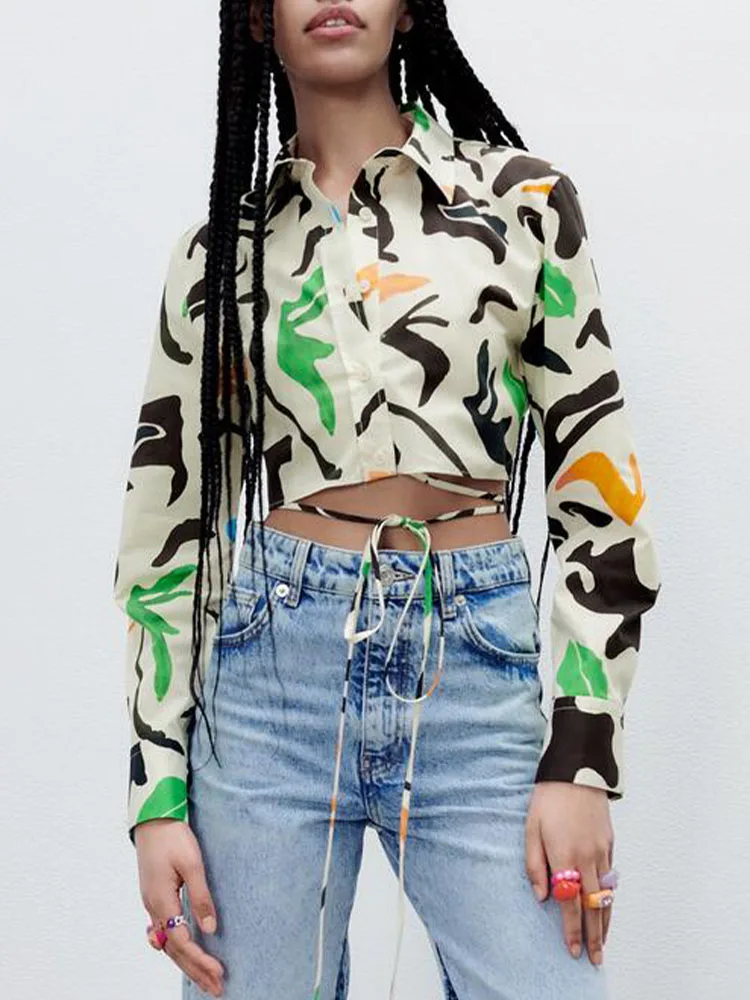 

spring new women's fresh and sweet age-reducing polo collar long-sleeved lace-up printed back hollow poplin shirt