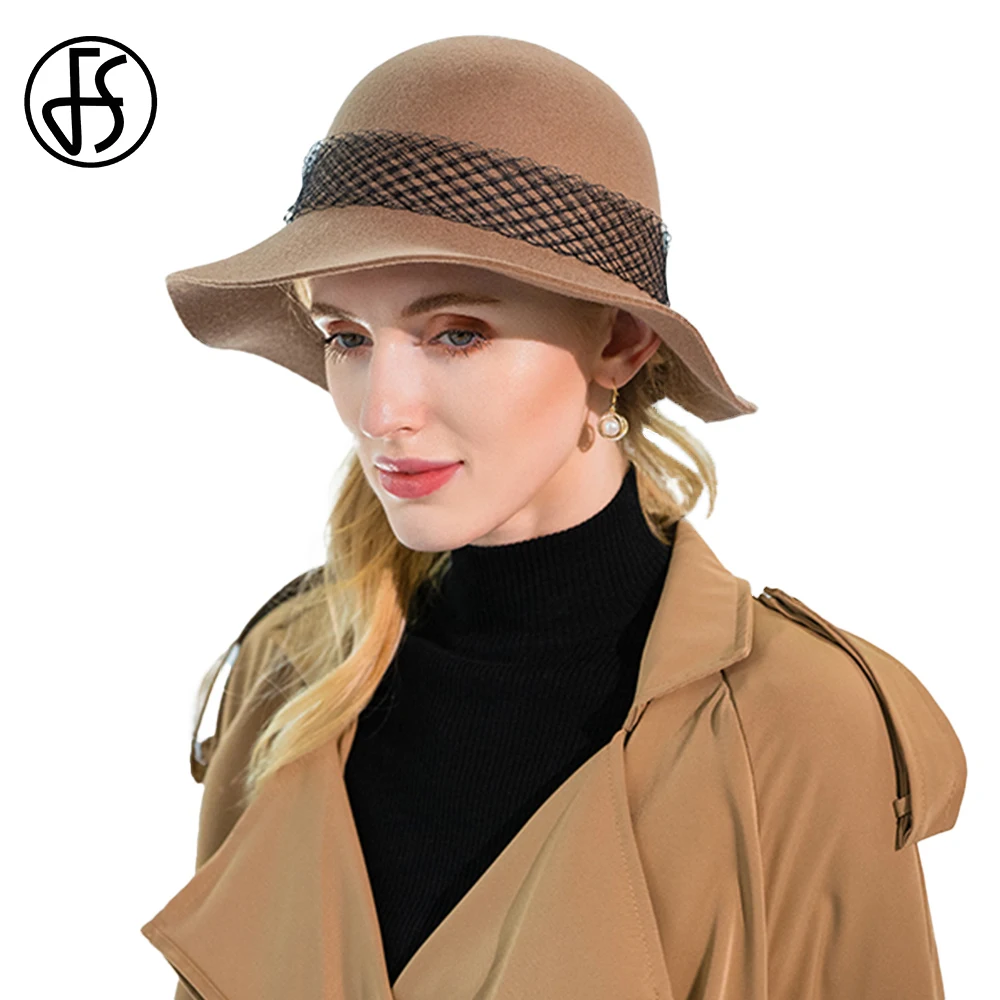 

FS Camel Wool Hats For Women With Butterfly Lace Autumn Winter Elegant Ladies Wine Red Church Fedoras Versatile Black Bowler Cap