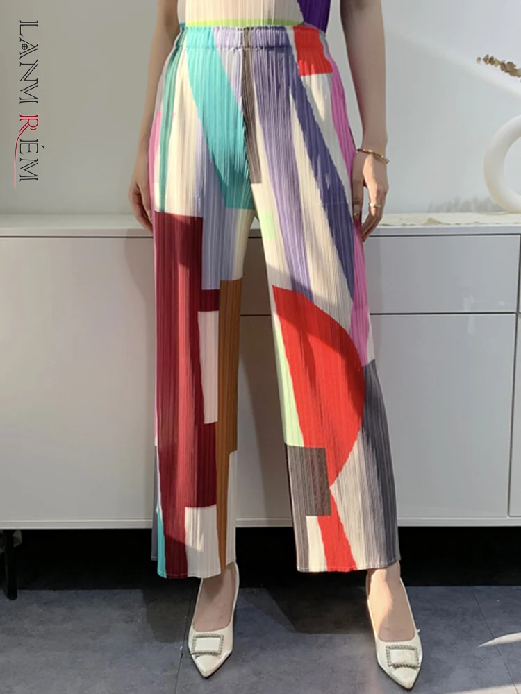 

LANMREM Color Block Pants For Women High Elastic Waist Straight Wide Leg Trousers Casual Female Clothing 2023 Autumn 2YA3347