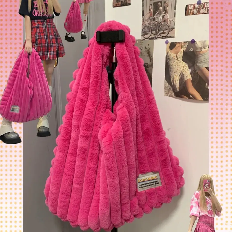 

Women Y2k Fluffy Shoulder Bags Large Capacity Pink Soft Plush Tote Bag Korean Fashion Toweling Handbags for Cool Girls Winter
