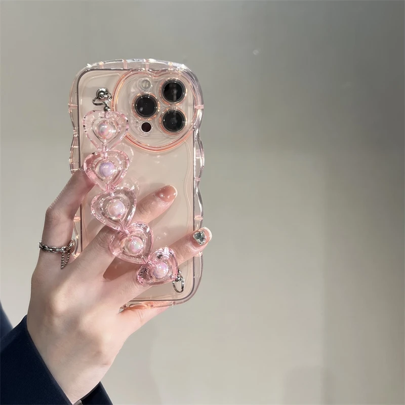 

3D Love Heart Wrist Chian Wavy Transparent Soft Phone Case for iphone 14 12 13 Pro Max 11 X S XR XS Cute Clear Shockproof Cover