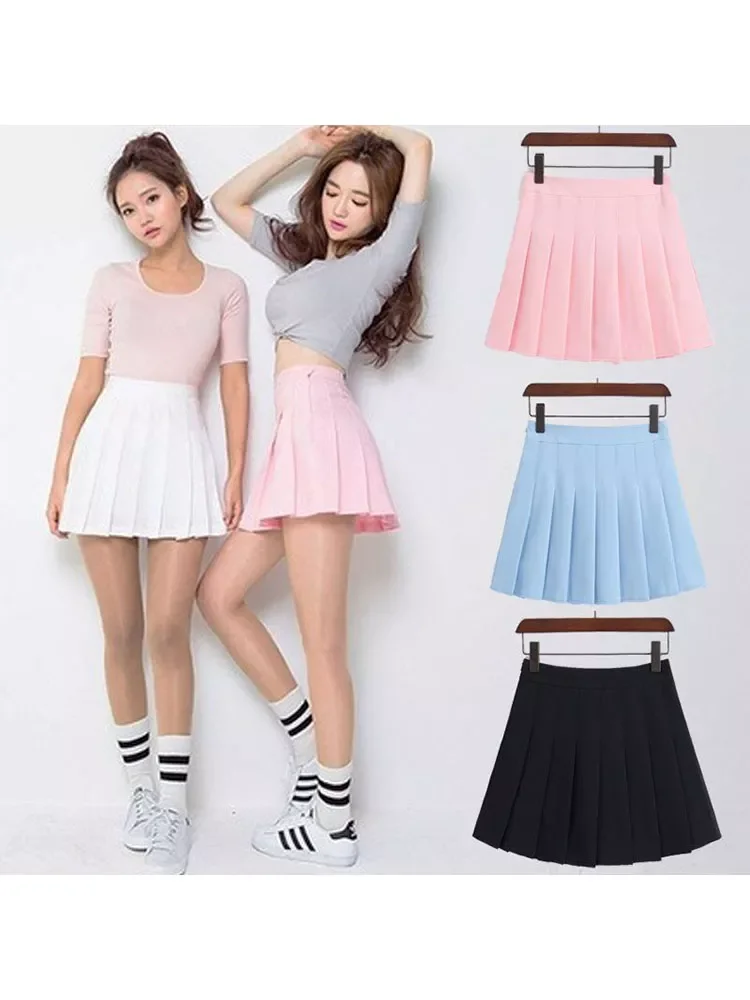 

2018 New Spring high waist ball pleated skirts Harajuku Denim Skirts solid a-line sailor skirt Japanese school uniform