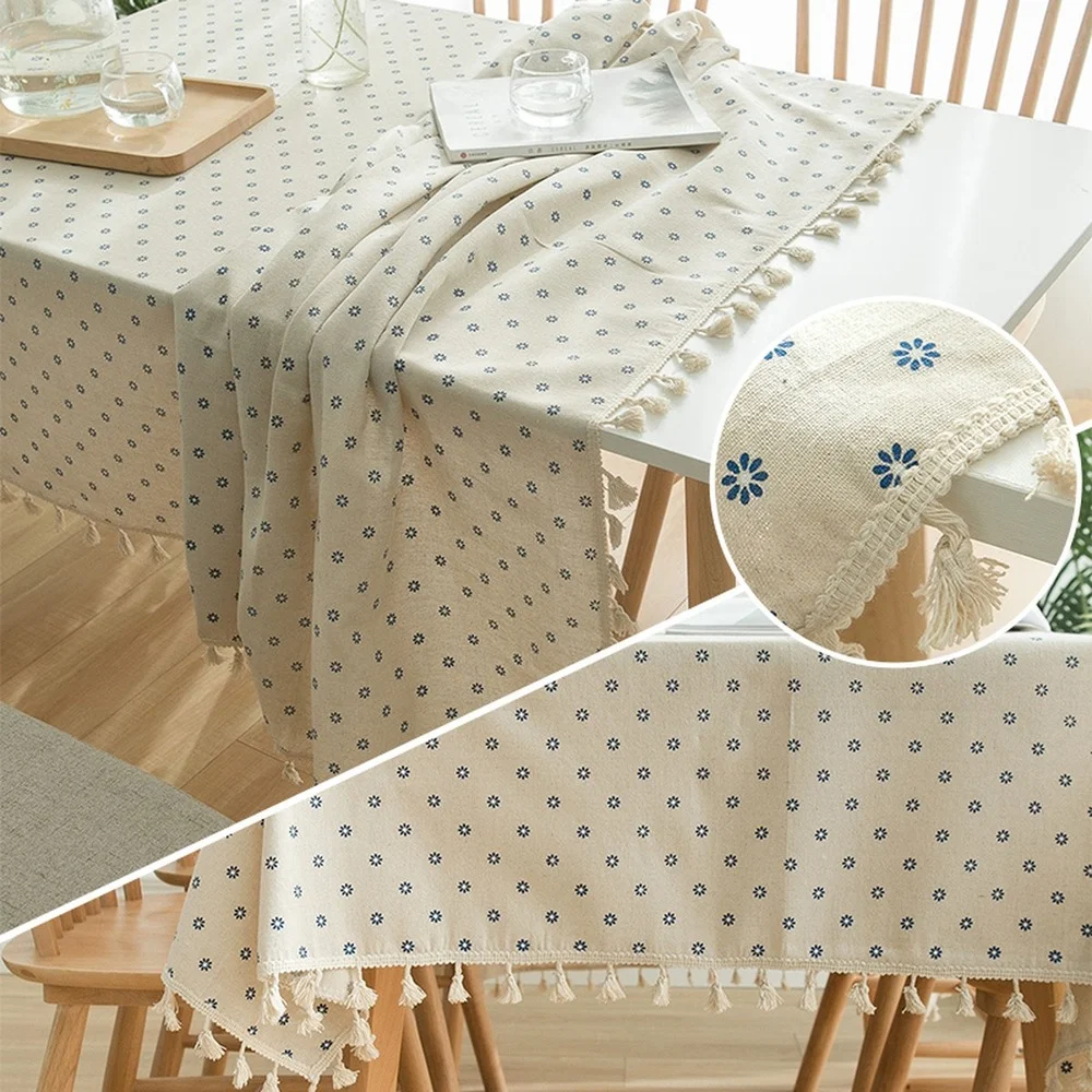 

1PCS Rustic Daisy Floral Print Tablecloth Linen with Tassel Home Decor Dining Table Dustproof Rectangular Tablecloth