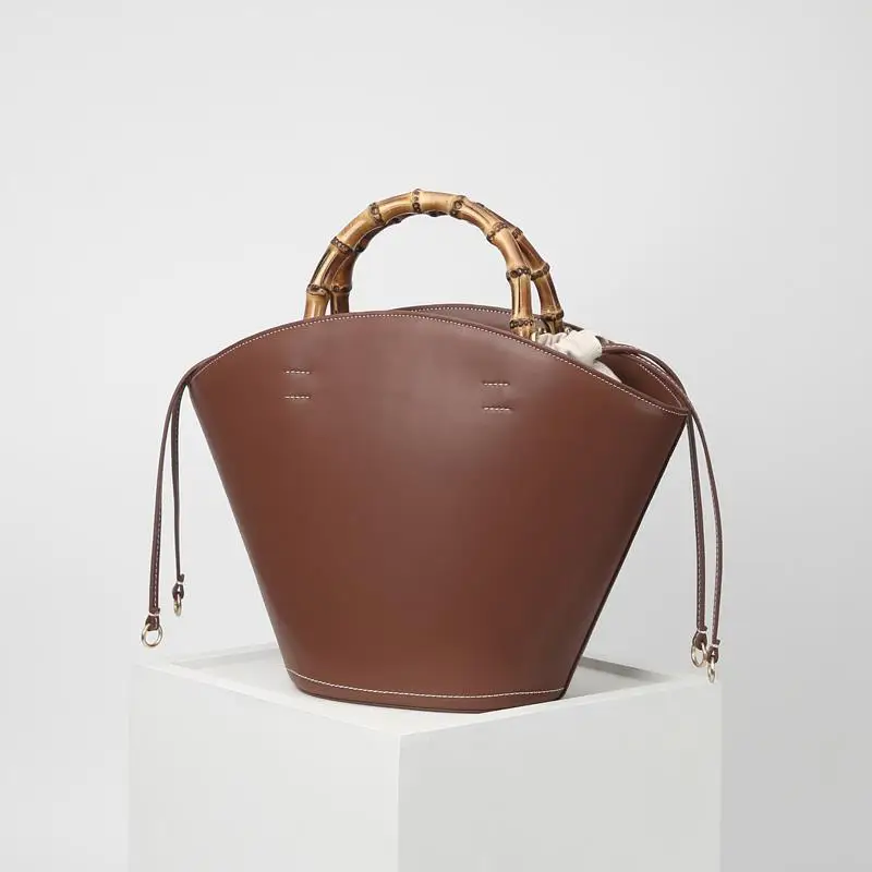 Women's Bags New Leather Large Bucket Bag Caramel Color Vintage Bamboo Handle Tote Bag Luxury Handbags Women's Bag 2022 Trend