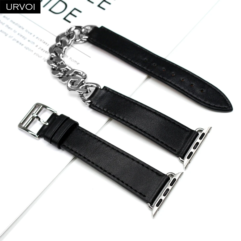 Фото Кожаный ремешок URVOI Gourmette Metal Double Tour для Apple Watch Ultra 1, 2, серия 10, 9, 8, 7 6 SE, кожаный ремешок для браслета iWatch №5