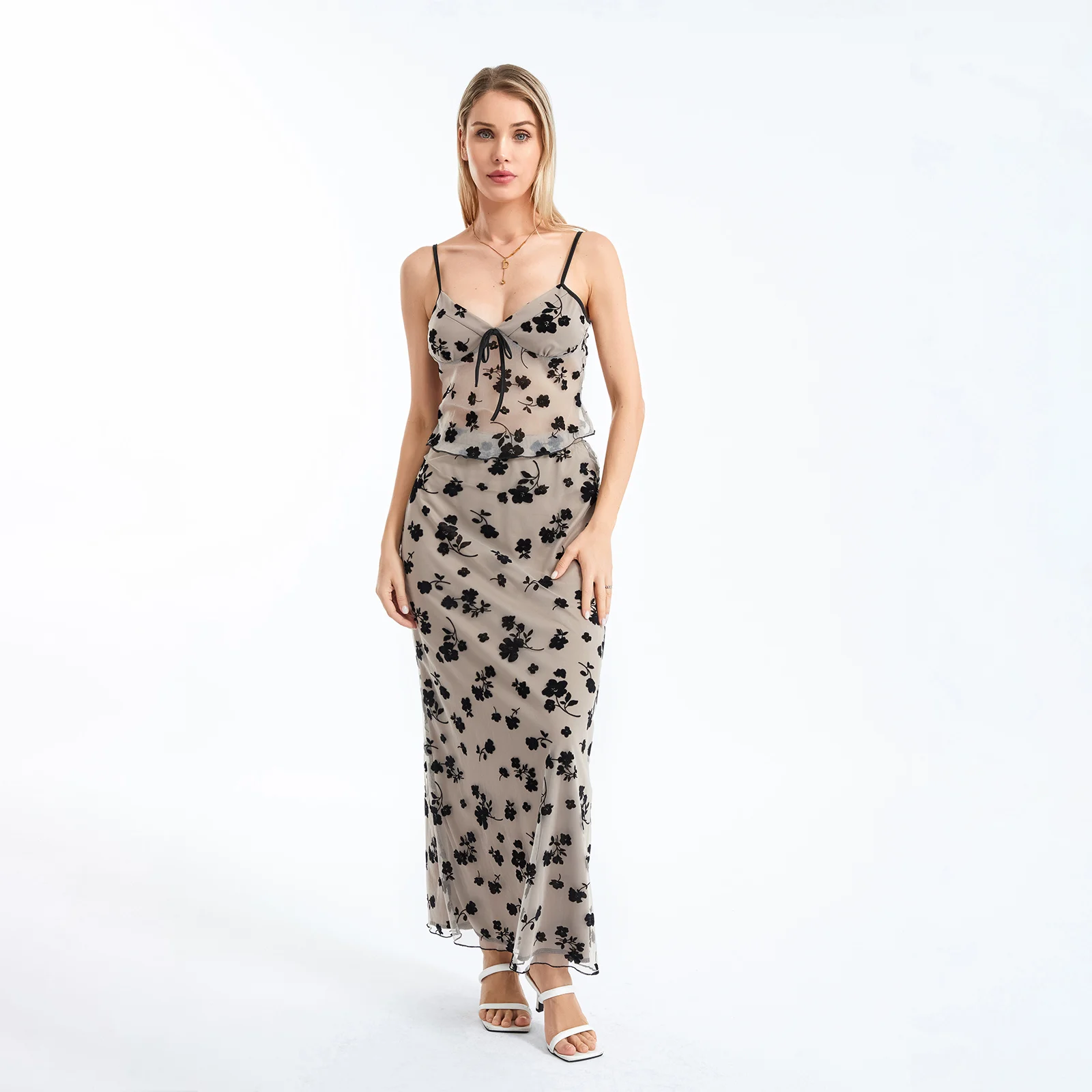 

Women 2 Piece Fashion Outfits Sexy See-through Floral Print V Neck Camisole and Elastic Long Skirt Set Beach Summer Streetwear