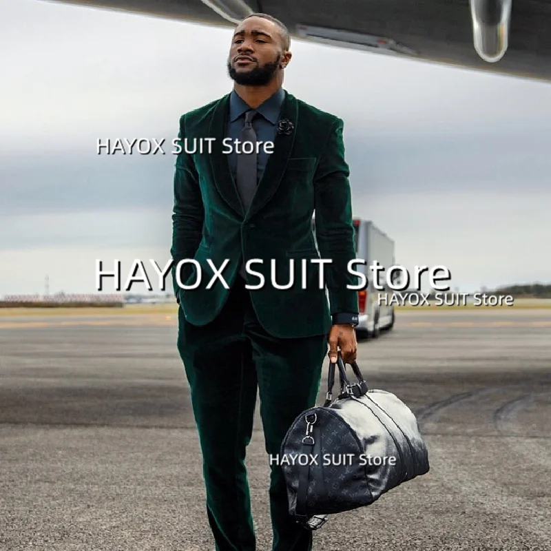 

Men's Suits 2 Piece Velvet Shawl Flip Button Jacket Pants Fashion Wedding Groom Prom Party Tuxedo