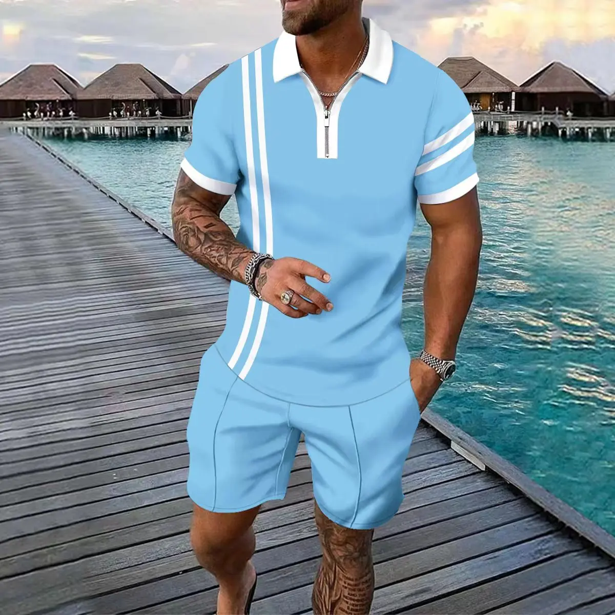 Summer Fashion Men's Clothing POLO Shirt Short Sleeve + Sports Shorts Set Outdoor 2 Piece Suit