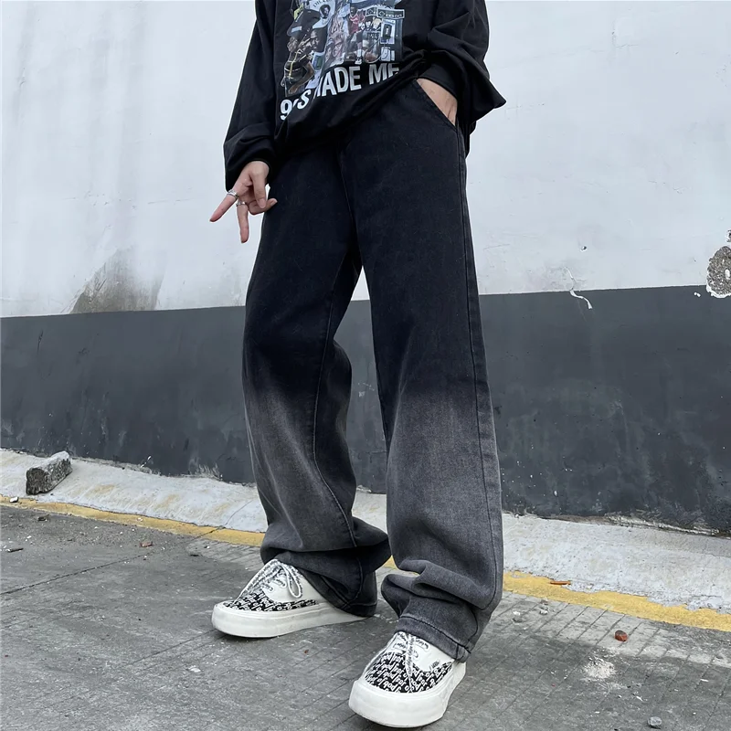 Men Clothing New Pattern Recreational Vintage Broad Leg Black Grey Jeans Straight Cylinder Large Loose Cargo Pants Autumn Female