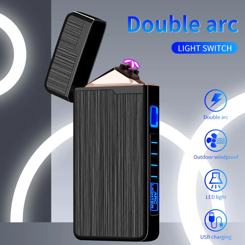 

Metal Outdoor Windproof Plasma USB Pulse Flameless Double Arc Lighter Portable LED Display Unusual Electric Lighter Gift for Men