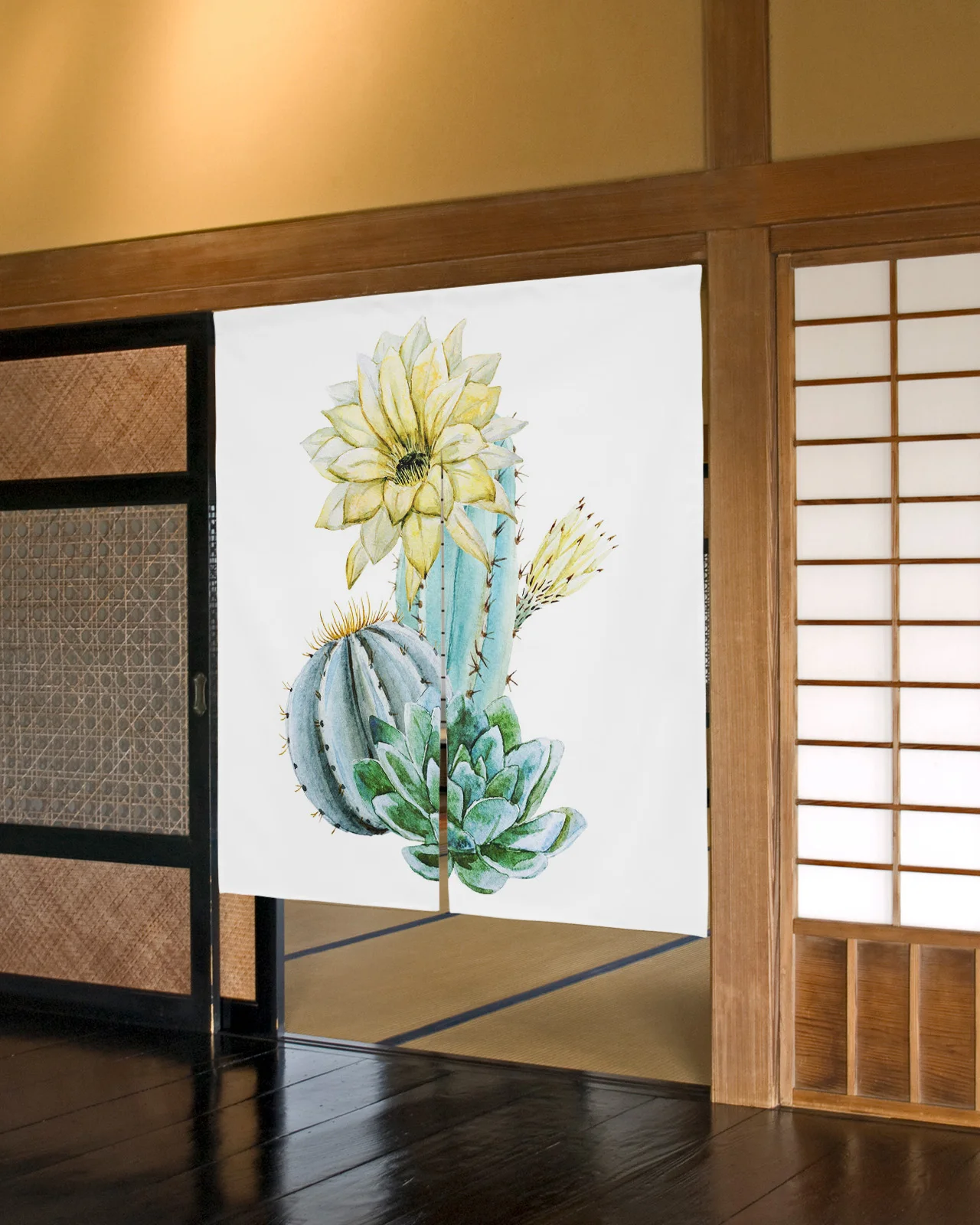 

Succulent Plant Watercolor Flower Japanese Door Curtain Bedroom Partition Curtain Kitchen Entrance Hanging Half-Curtains