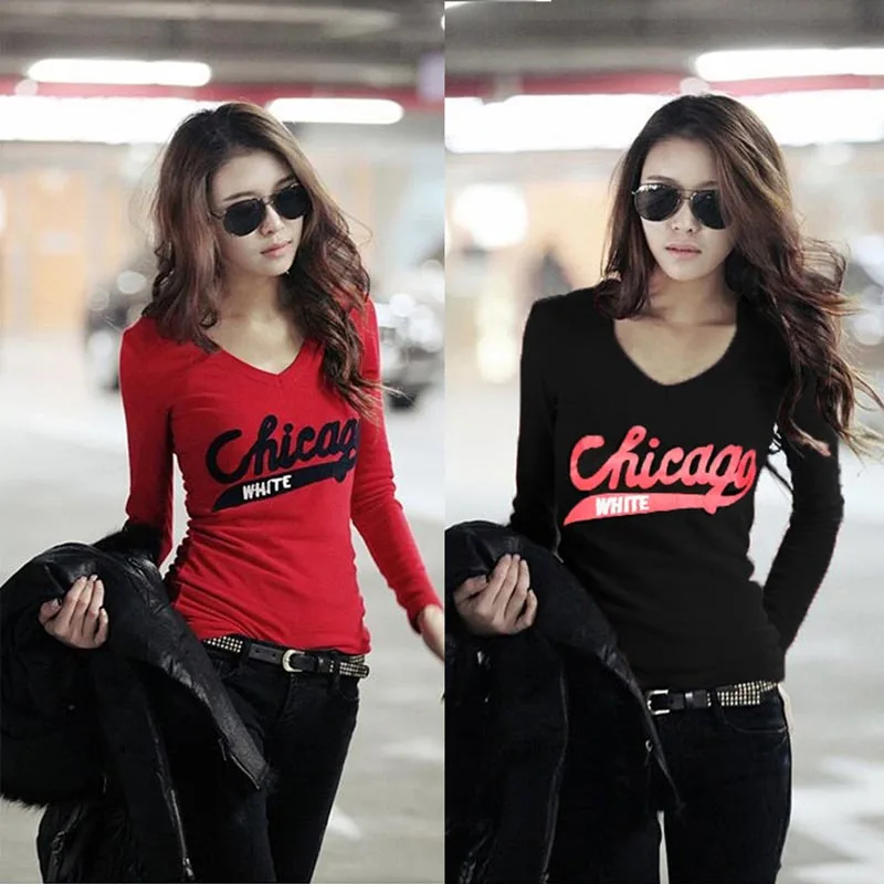 

Long Sleeve V neck Women tops tee Letter Printed Casual Women Clothing Black Red Cotton Slim Female Tops Spring Autumn Winter