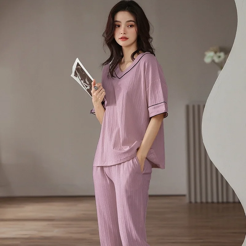 

Cotton Set Woman 2 Pieces Pyjamas Summer Solid Color Short Sleeve Trousers Sleepwear Fashion Loungewear Sexy pajamas for women