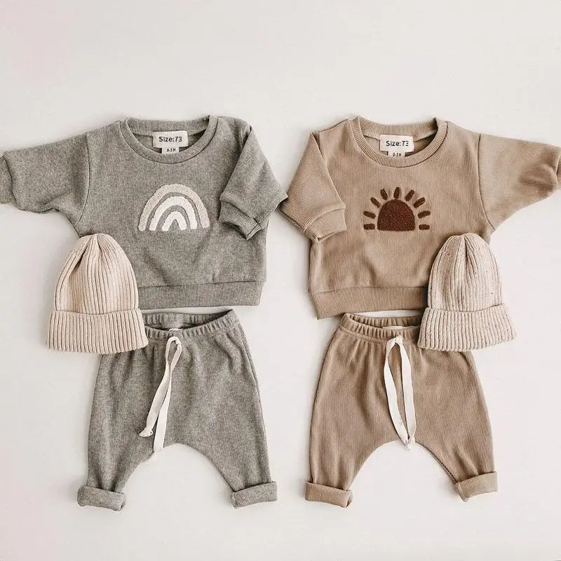 

2022 Autumn New Baby Long Sleeve Clothes Set Fashion Sun Rainbow Print Children Sweatshirt + Pants 2pcs Suit Infant Boy Outfits