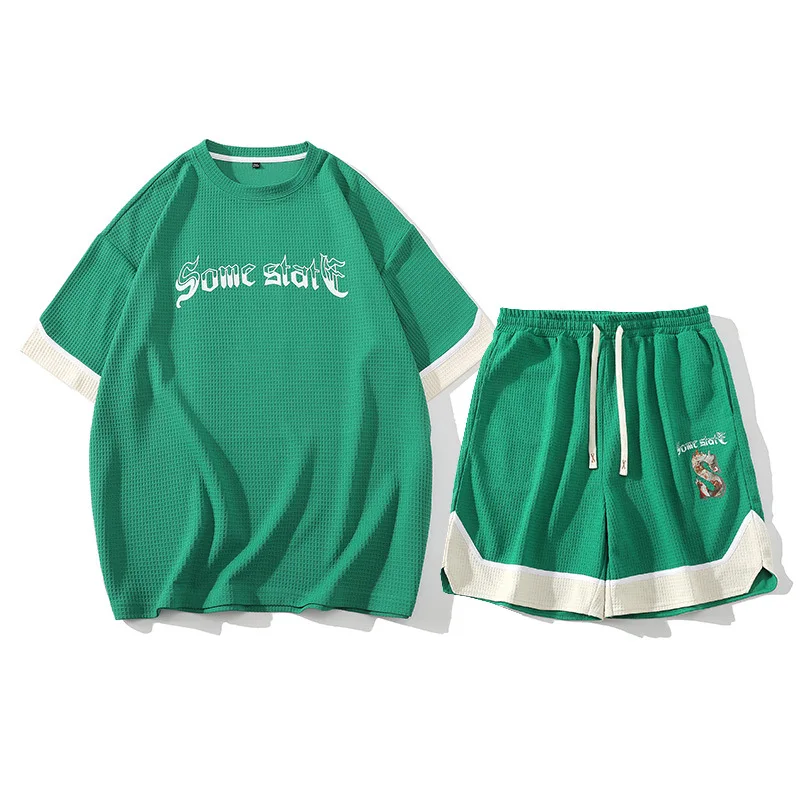Waffle Suit Men's Set Summer Color Matching Loose Sports Casual Fashion Handsome Short Sleeve T-shirt Shorts Two Piece Set
