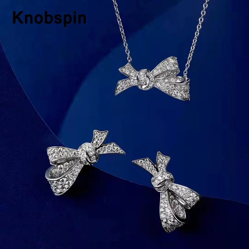 

Knobspin Pure S925 Sterling Silver Sparkling Bowknot High Carbon Diamond Pendant Necklace For Women Luxury Wedding Fine Jewelry