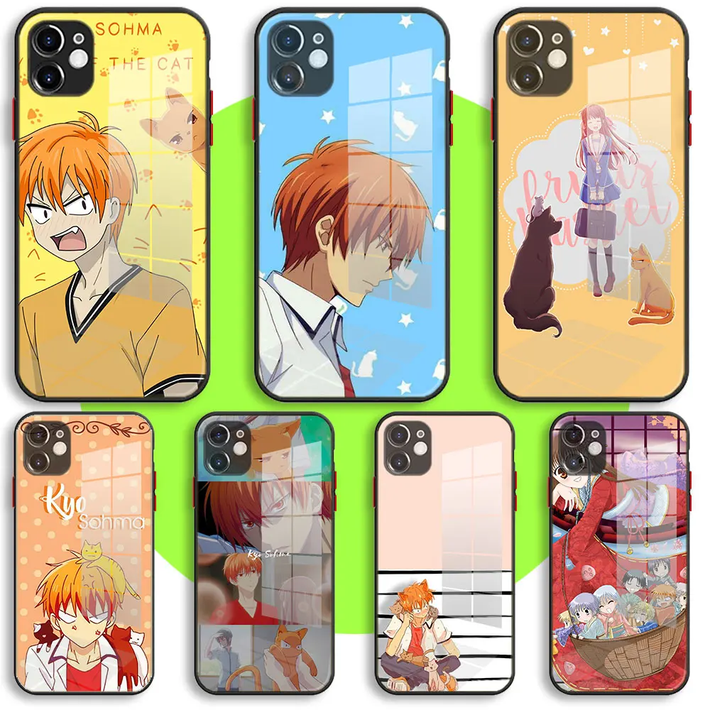 

Liquid Tempered Glass Case For iPhone 13 11 12 Mini Pro Max XS XR X 7 8 6 Plus SE2 Silicone Cover Protection Fruits Basket Anime